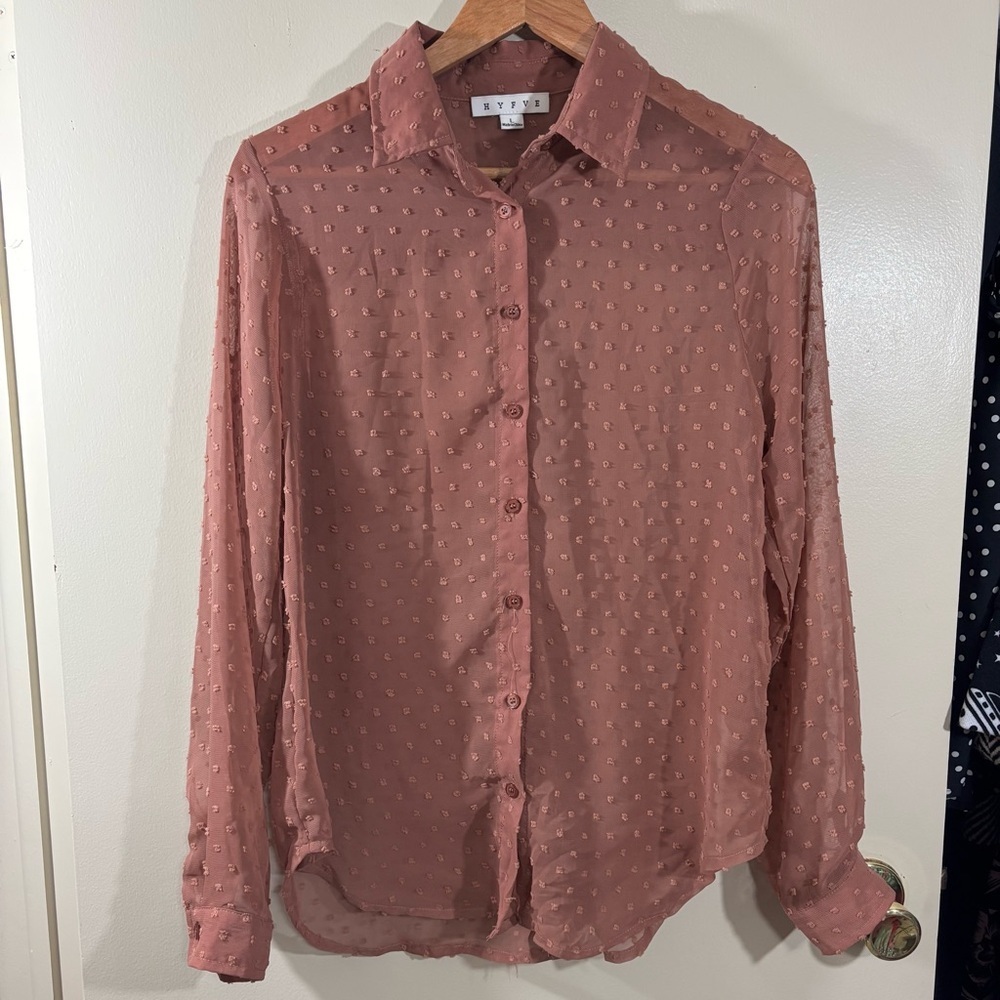HYFVE Swiss Dot Sheer Button Down Blouse Size L